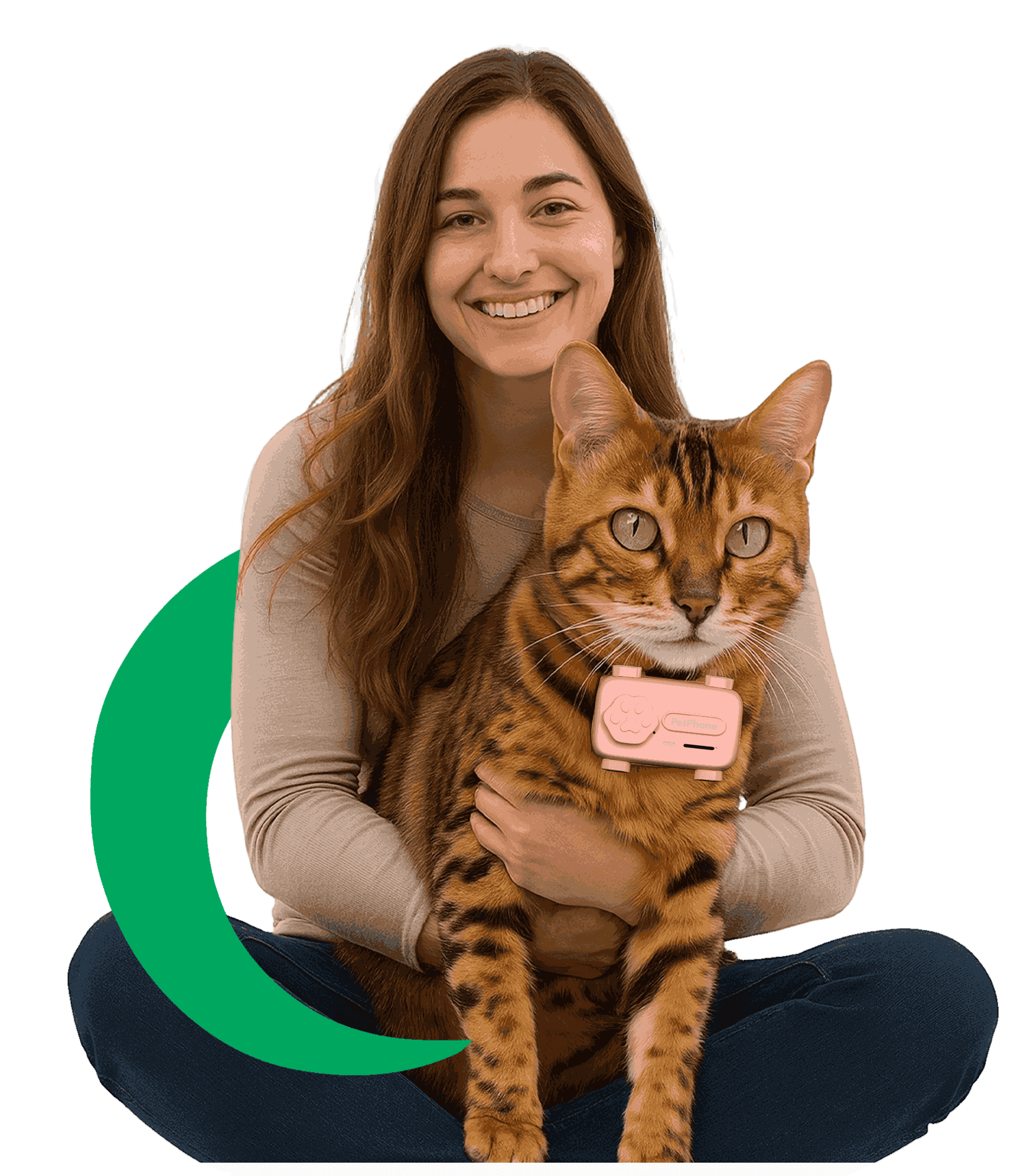 Woman holding a cat wearing Maso Pet Phone